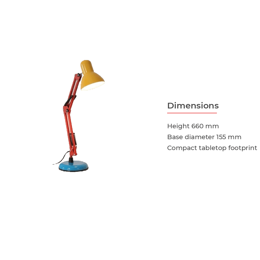 Memphis retro desk lamp dimensions, 660mm height 155mm base diameter (dimensions)