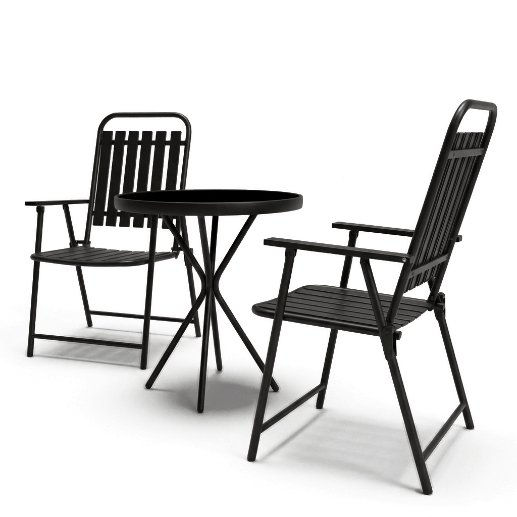 Metal folding bistro set at an angle, black frame and tempered glass top on #f3f3f3 studio background (plain studio)