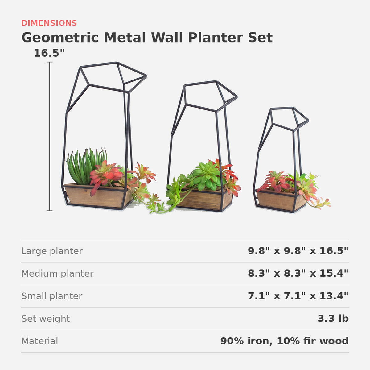 Dimensions card: large 9.8 x 9.8 x 16.5 in, medium 8.3 x 8.3 x 15.4 in, small 7.1 x 7.1 x 13.4 in