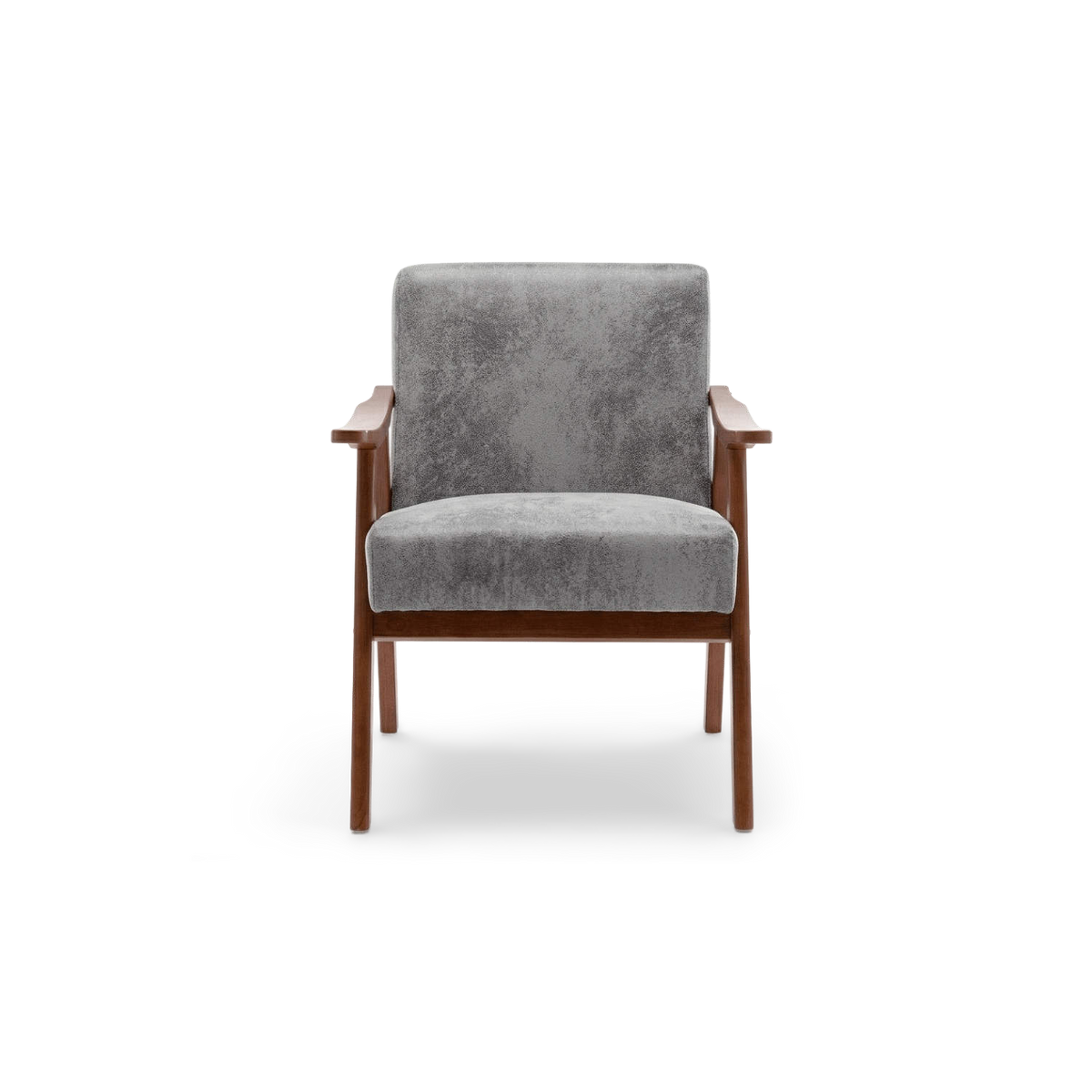 Grey suede-look mid century accent chair with a solid wood frame, front view (plain studio)