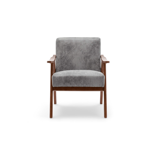 Grey suede-look mid century accent chair with a solid wood frame, front view (plain studio)