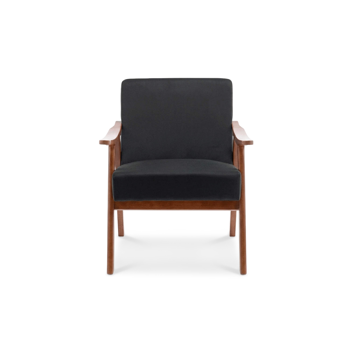 Black suede-look armchair with a solid wood frame, front view (plain studio)