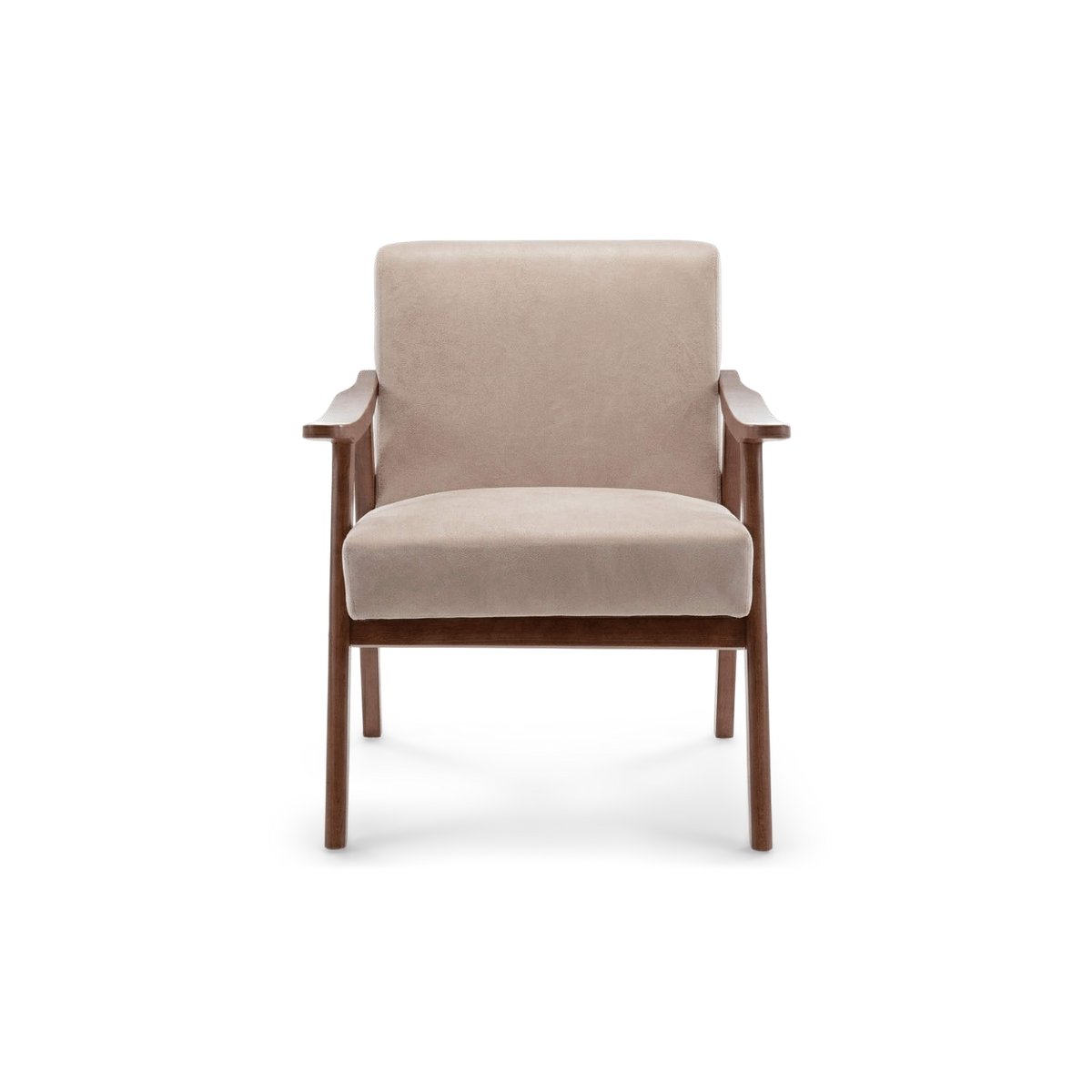 Light camel suede-look armchair with a solid wood frame, front view (plain studio)