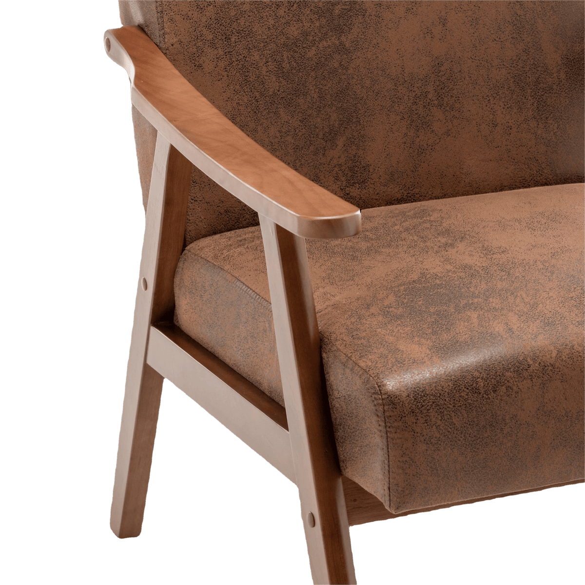 Curved solid wood armrest and frame joint of the brown accent chair (close-up detail)