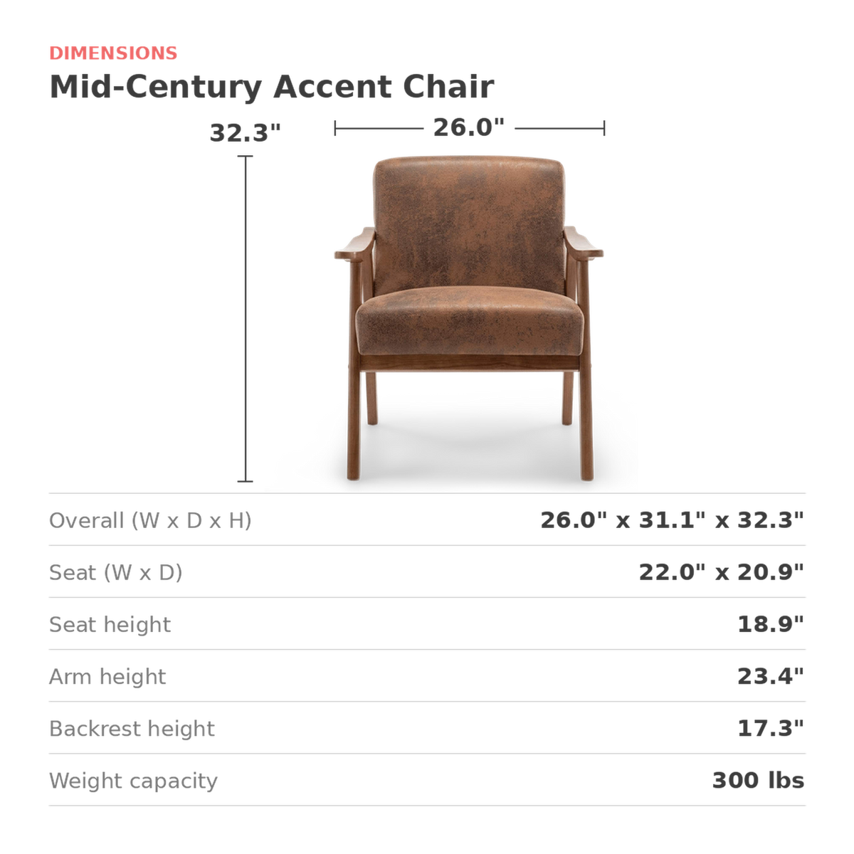 Dimensions of the accent chair: 26.0 in. wide, 31.1 in. deep, 32.3 in. high (dimensions)