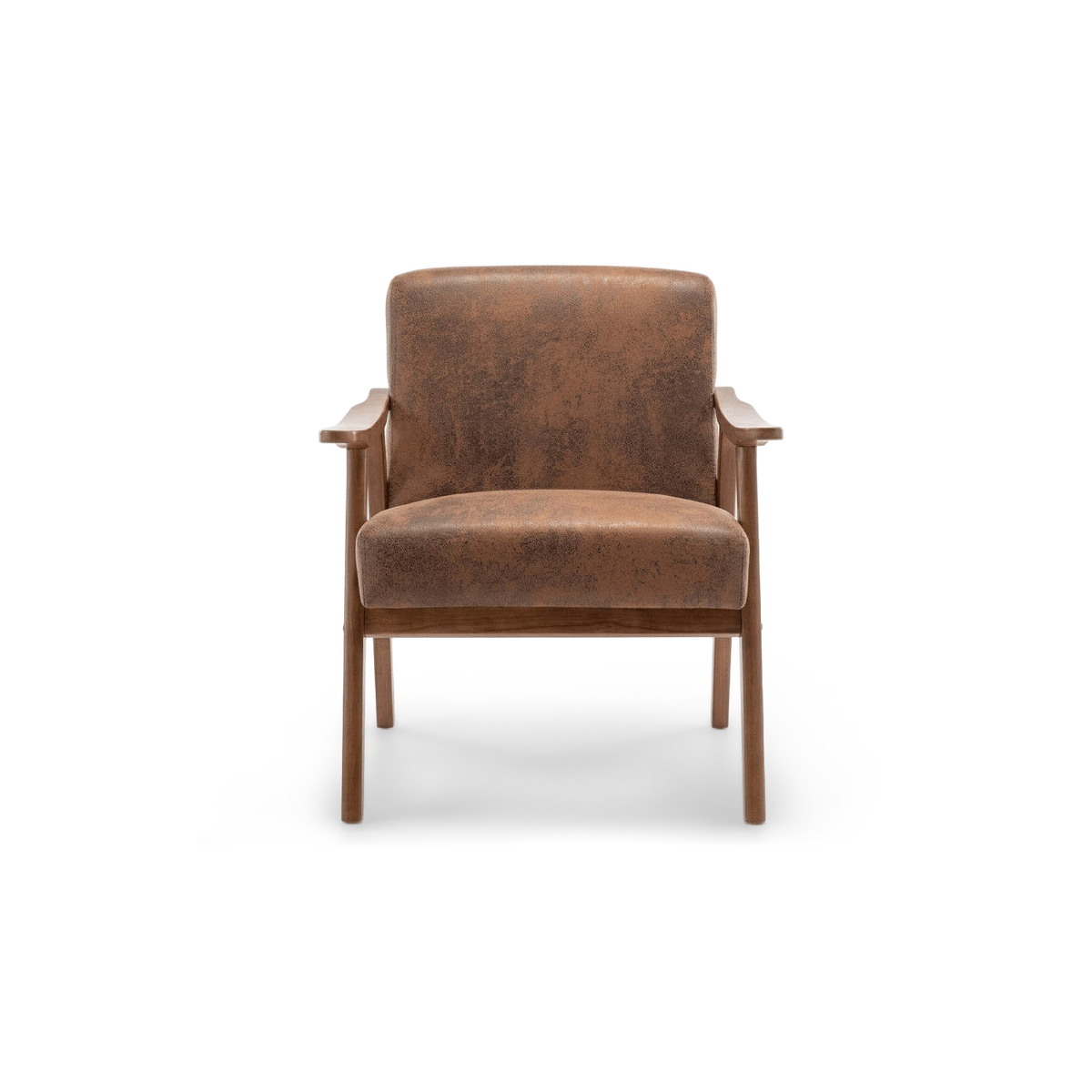 Brown suede-look mid century accent chair with a solid wood frame, front view (plain studio)