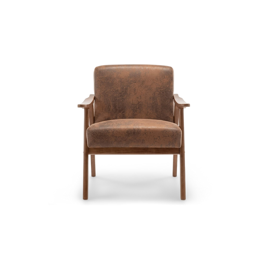 Brown suede-look mid century accent chair with a solid wood frame, front view (plain studio)