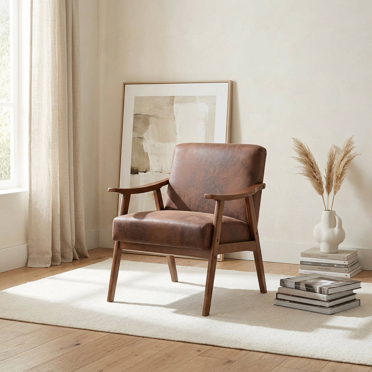 Brown accent chair in a bright reading corner of a living room