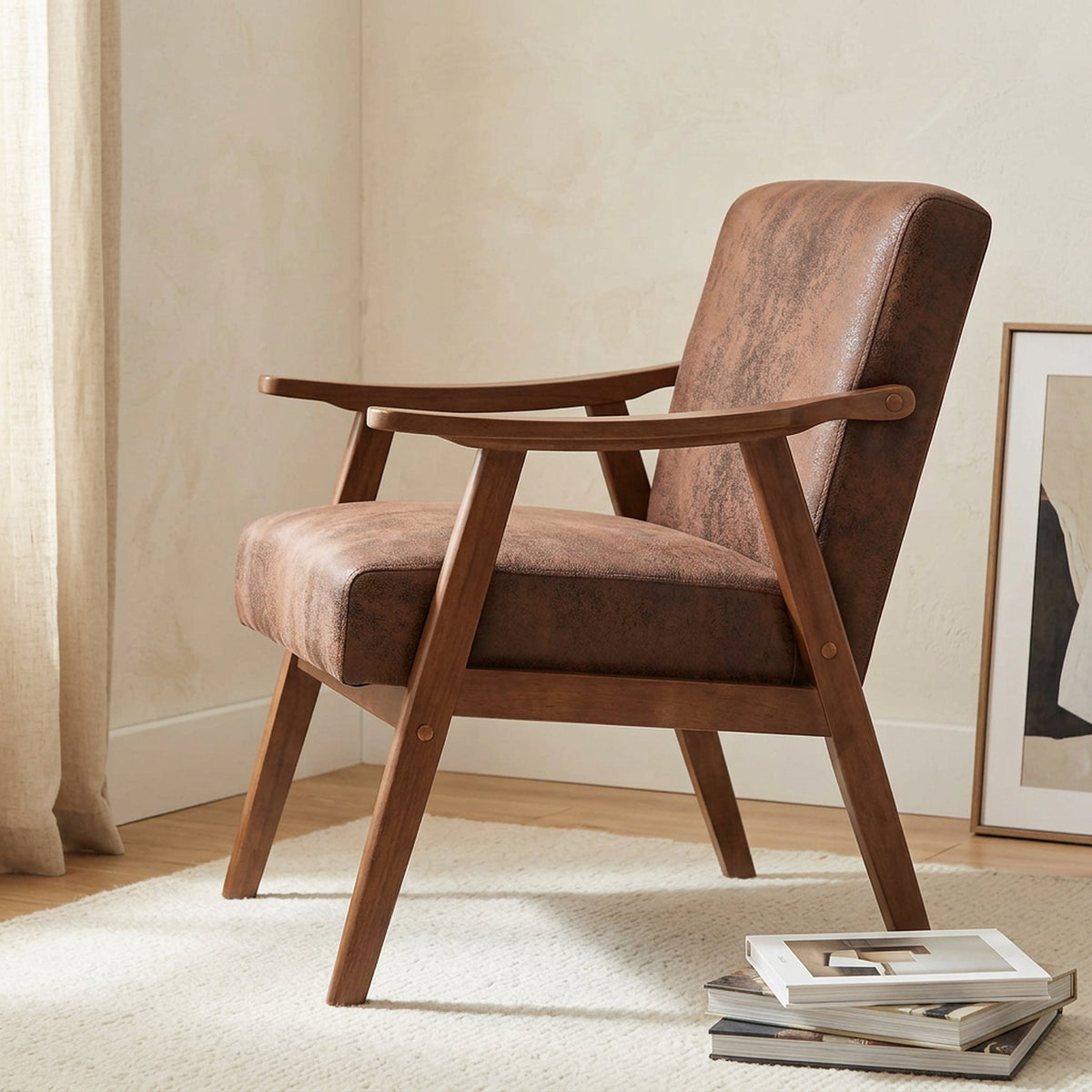 Brown accent chair seen closer in a bright living room corner