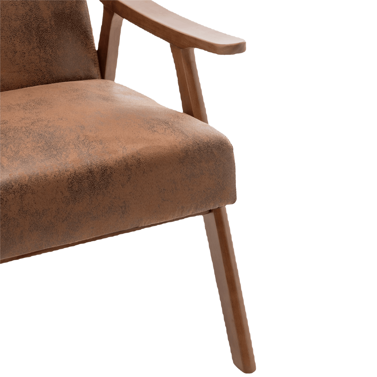 Thick padded seat cushion and suede-look fabric of the brown accent chair (close-up detail)