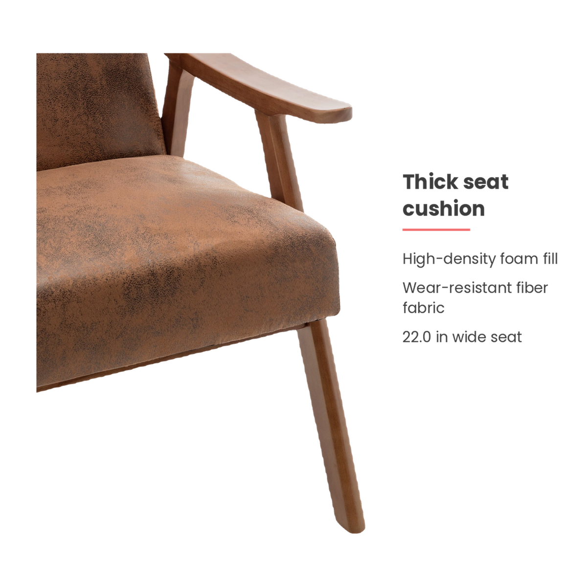 Thick high-density foam seat in wear-resistant fiber fabric, 22.0 in. wide (feature callout)