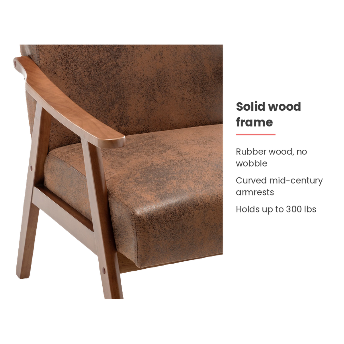 Rubber wood frame with curved mid-century armrests, holds up to 300 lbs (feature callout)