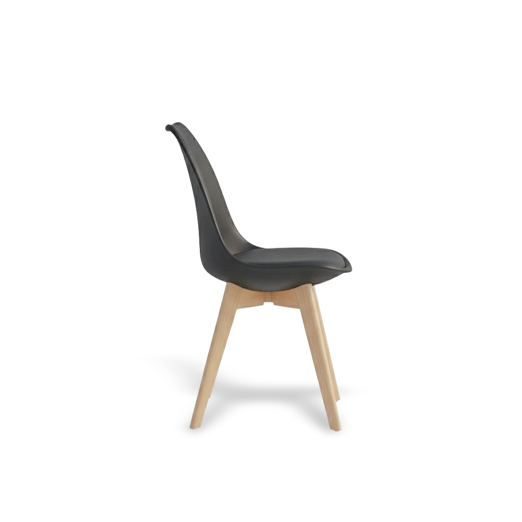 Mid-century modern black plastic-shell dining chair with natural wooden legs