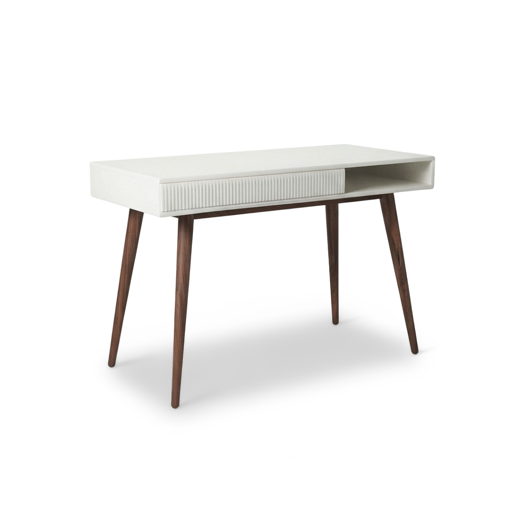 Mid-century desk with drawers, rotated three-quarter view showing splayed walnut legs
