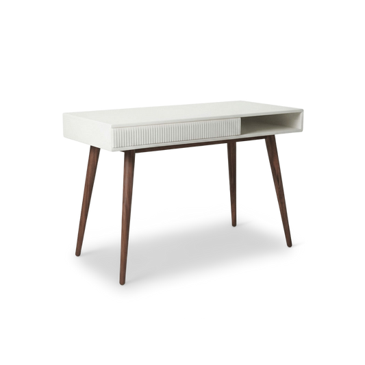 Mid-century desk with drawers, rotated three-quarter view showing splayed walnut legs