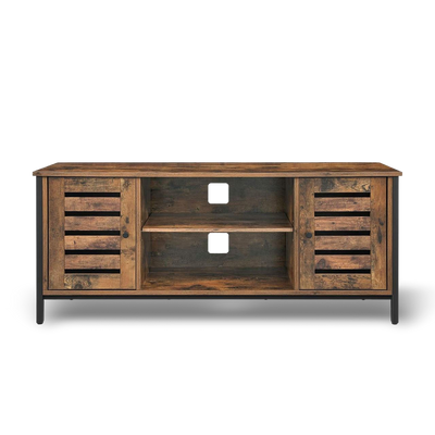 Modern mid-century industrial TV stand with wood and iron, hidden storage behind louvered doors for a 50-inch TV.