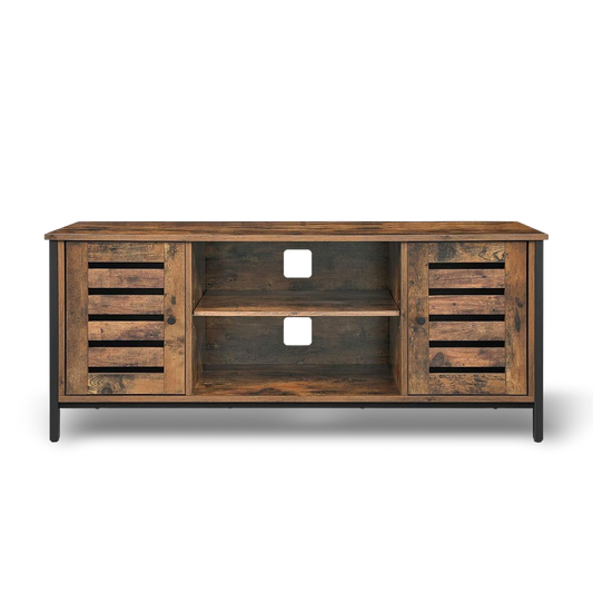 Modern mid-century industrial TV stand with wood and iron, hidden storage behind louvered doors for a 50-inch TV.