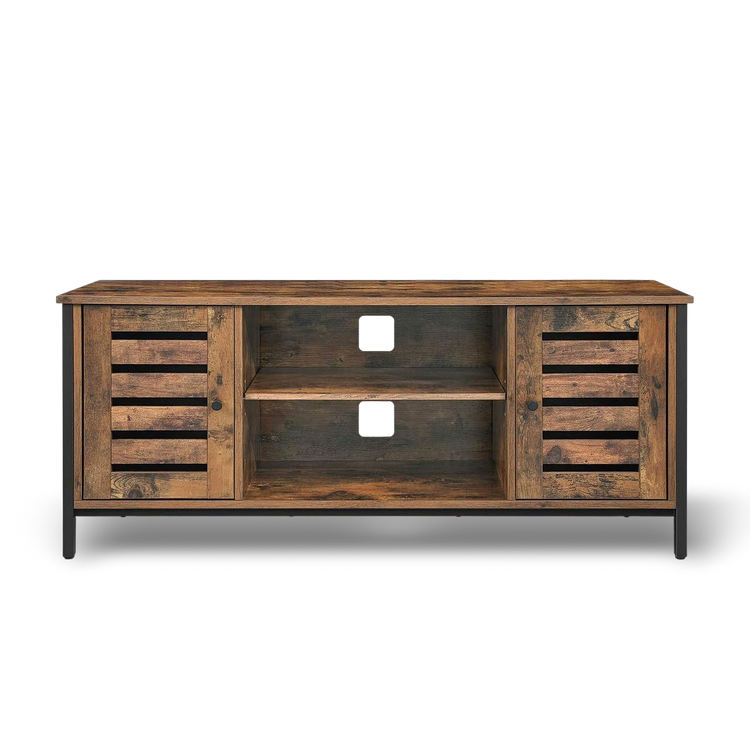 Modern mid-century industrial TV stand with wood and iron, hidden storage behind louvered doors for a 50-inch TV.