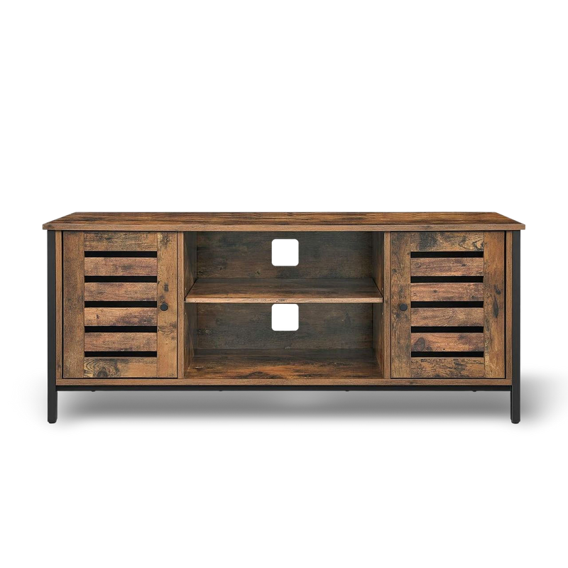 Modern mid-century industrial TV stand with wood and iron, hidden storage behind louvered doors for a 50-inch TV.