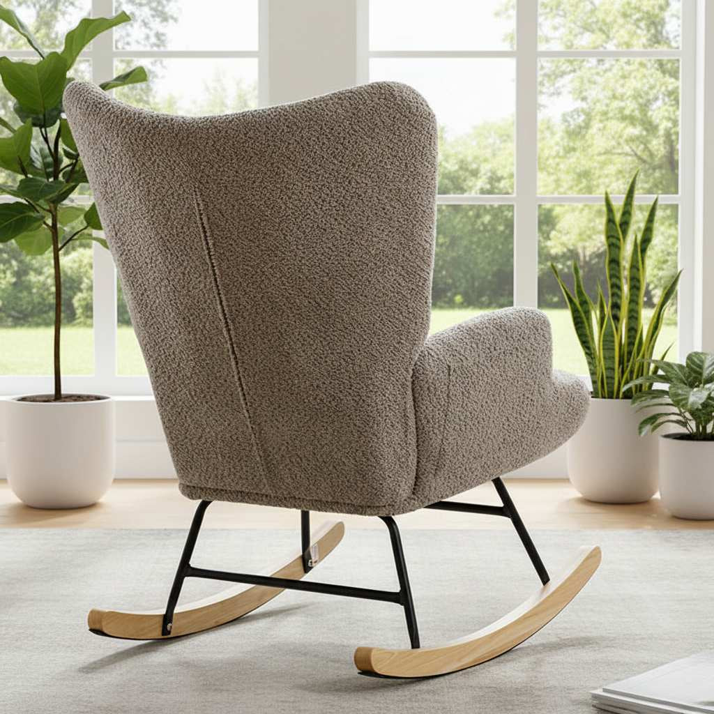 Macaron Patchwork swivel rocker chair in textured gray boucle with mid-century charm and wooden rocker