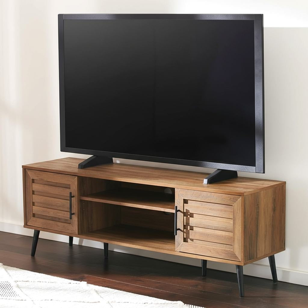 Mid-Century modern rustic wood TV stand with storage, fits up to 65-inch screens.