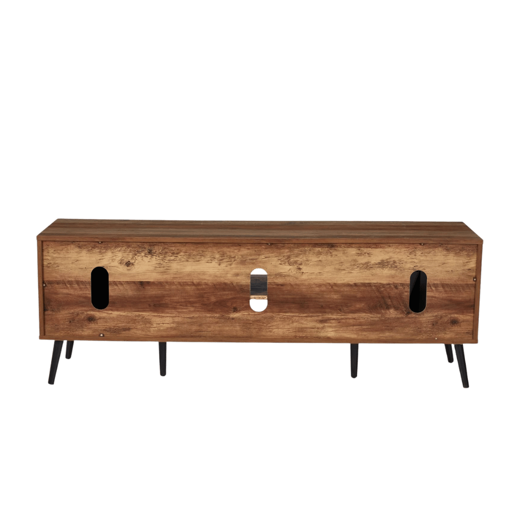 Mid-century modern rustic wood TV stand with storage, black metal legs, fits up to 65-inch TVs