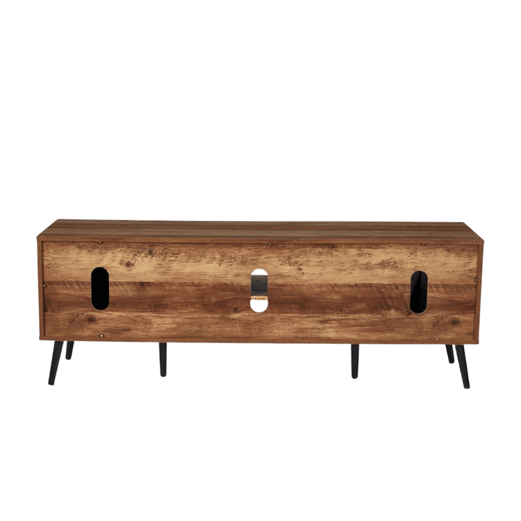 Mid-century modern rustic wood TV stand with storage, black metal legs, fits up to 65-inch TVs