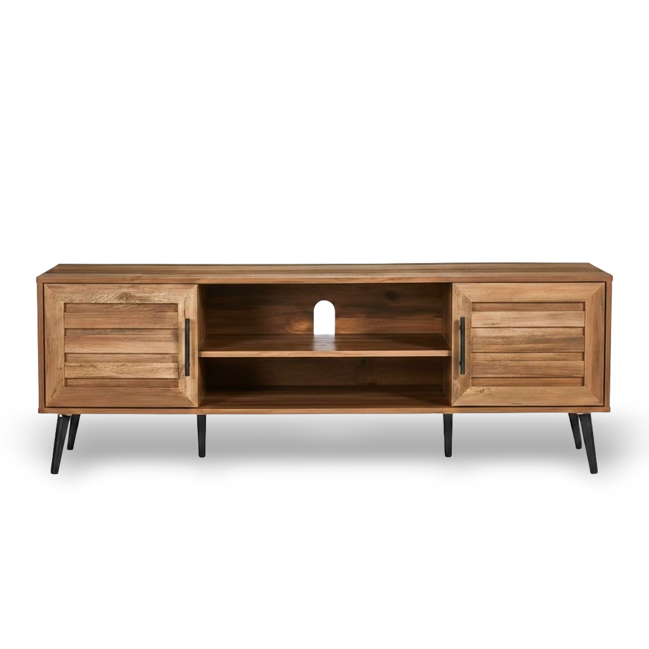 Mid-Century Modern Rustic TV Stand with storage, slatted cabinets, open shelf and cable cutout for up to 65-inch TVs.
