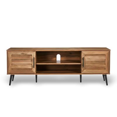 Mid-Century Modern Rustic TV Stand with storage, slatted cabinets, open shelf and cable cutout for up to 65-inch TVs.
