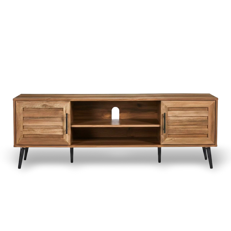 Mid-Century Modern Rustic TV Stand with storage, slatted cabinets, open shelf and cable cutout for up to 65-inch TVs.