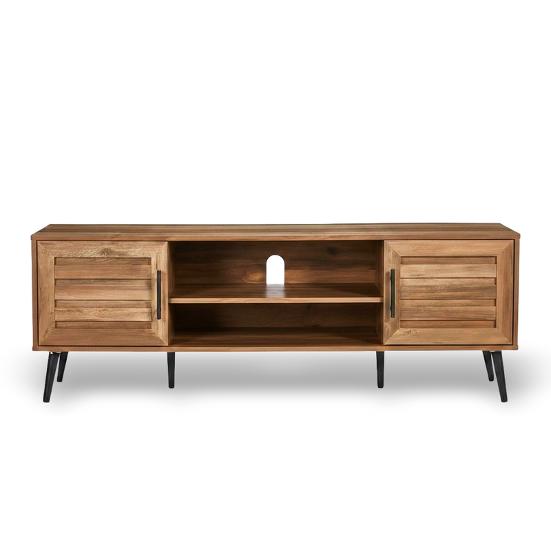 Mid-Century Modern Rustic TV Stand with storage, slatted cabinets, open shelf and cable cutout for up to 65-inch TVs.