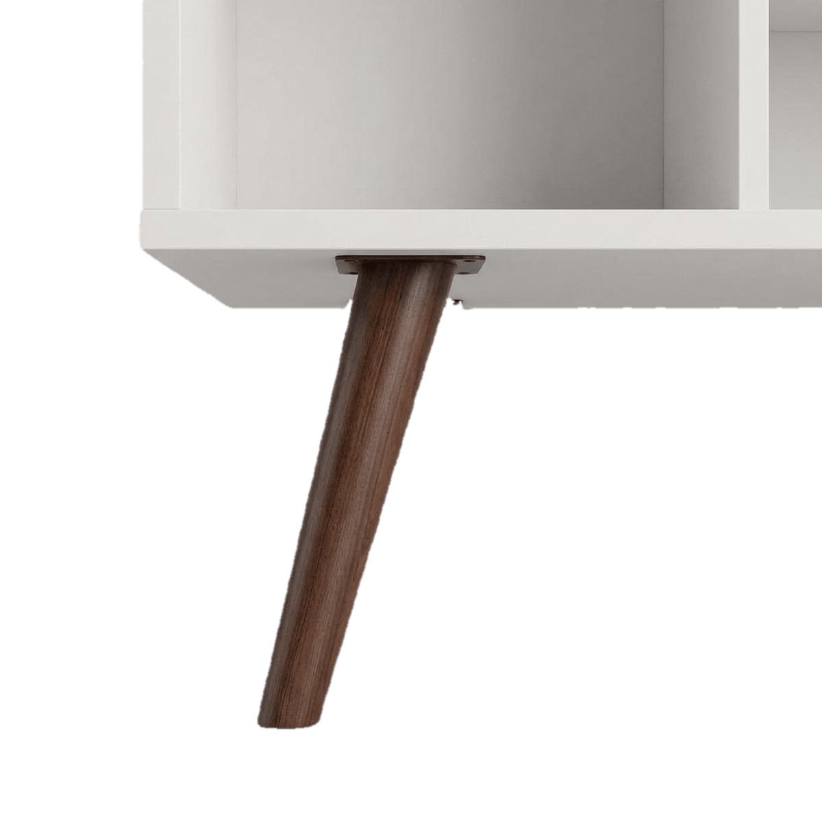 Splayed walnut-tone tapered leg where it screws into its mounting plate (close-up detail)