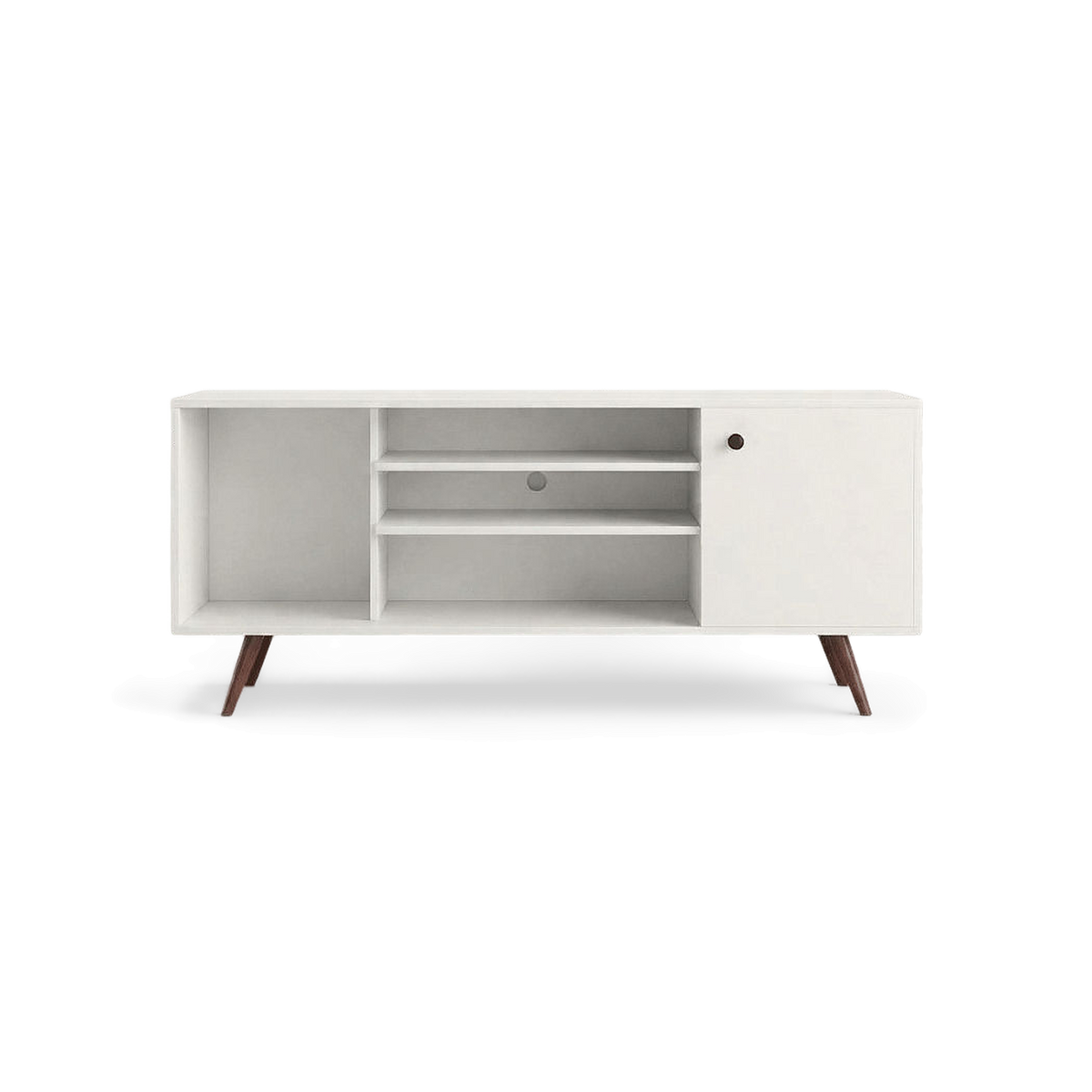 Mid century modern TV stand 65 inch in white with walnut-tone tapered legs, front view (plain studio)