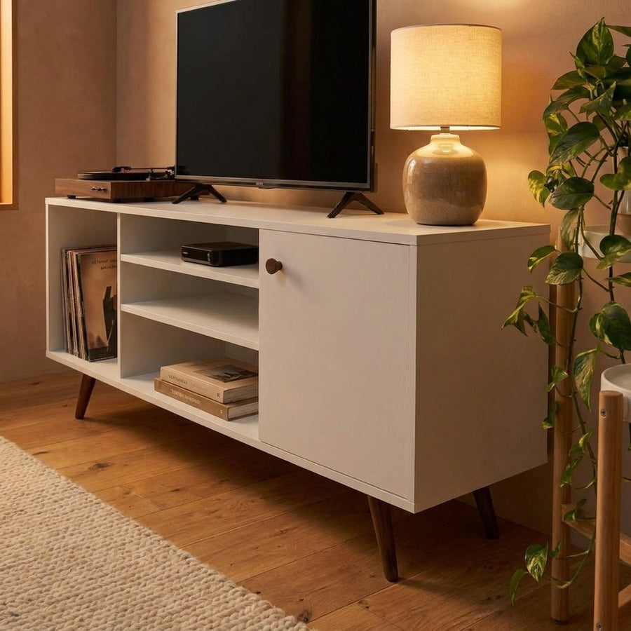 Mid Century Modern TV Stand 65 Inch in White With Cabinet