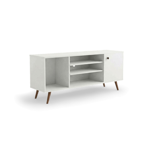 White mid century modern TV stand with a storage door and open shelves, three-quarter view (plain studio)