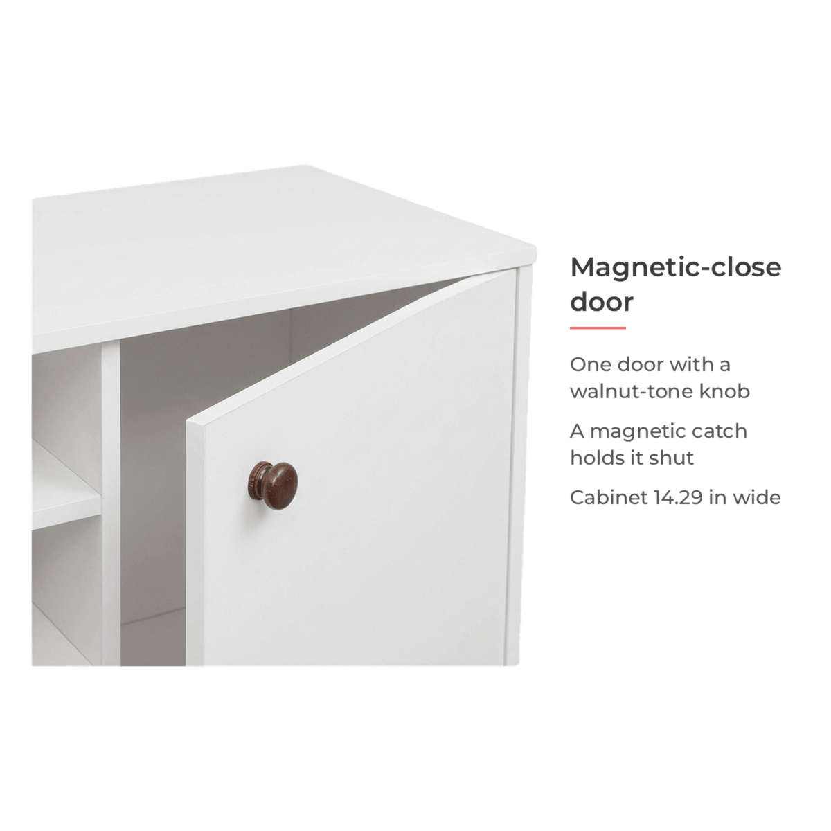 Magnetic-close cabinet door card for the white TV stand (feature callout)