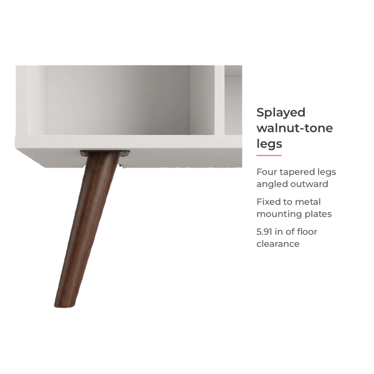 Splayed walnut-tone legs card for the white TV stand (feature callout)