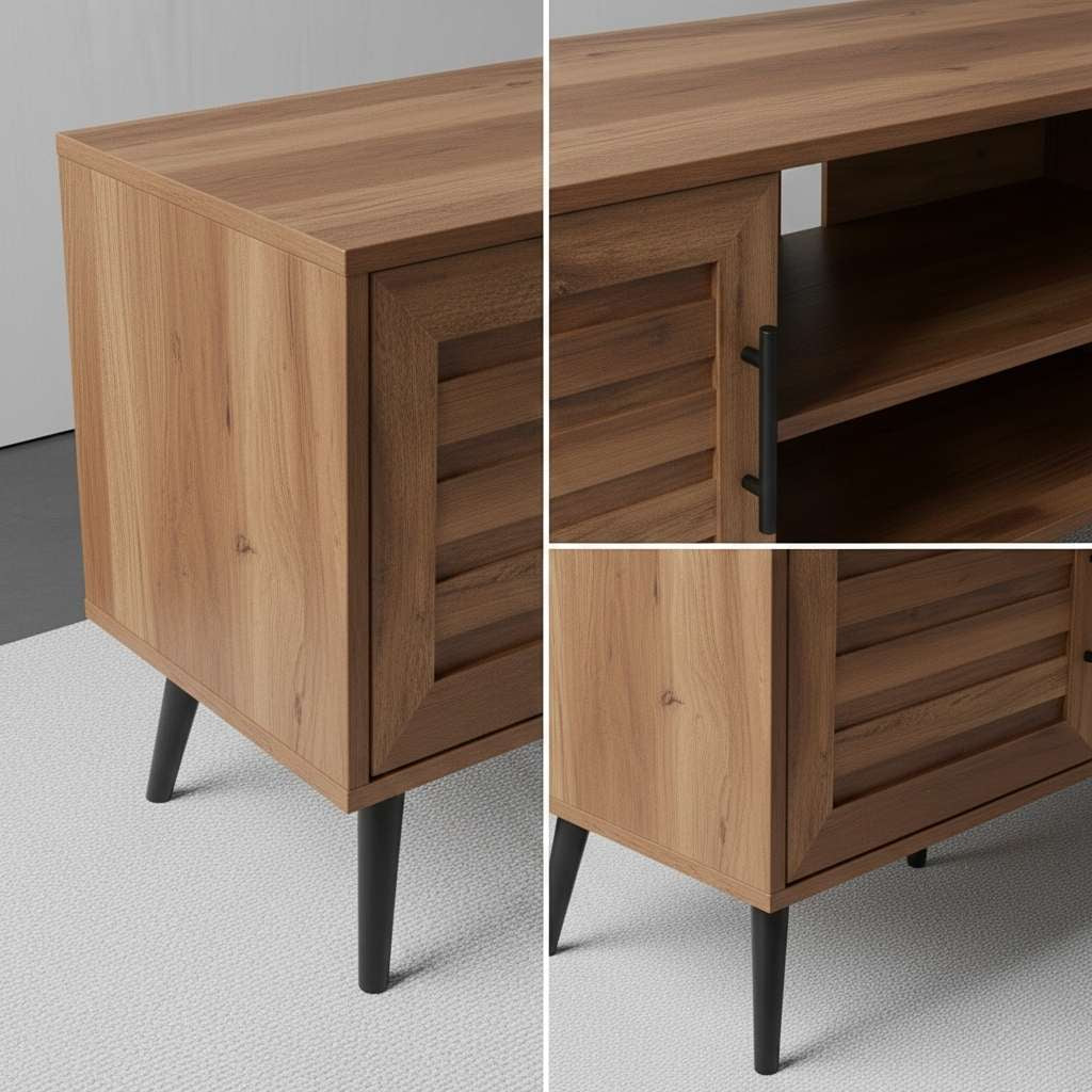 Mid-century rustic wood TV stand with storage, slatted doors, black tapered legs, fits up to 65-inch TVs.