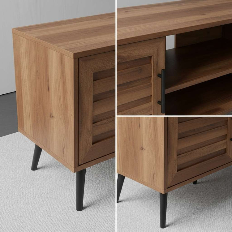 Mid-century rustic wood TV stand with storage, slatted doors, black tapered legs, fits up to 65-inch TVs.