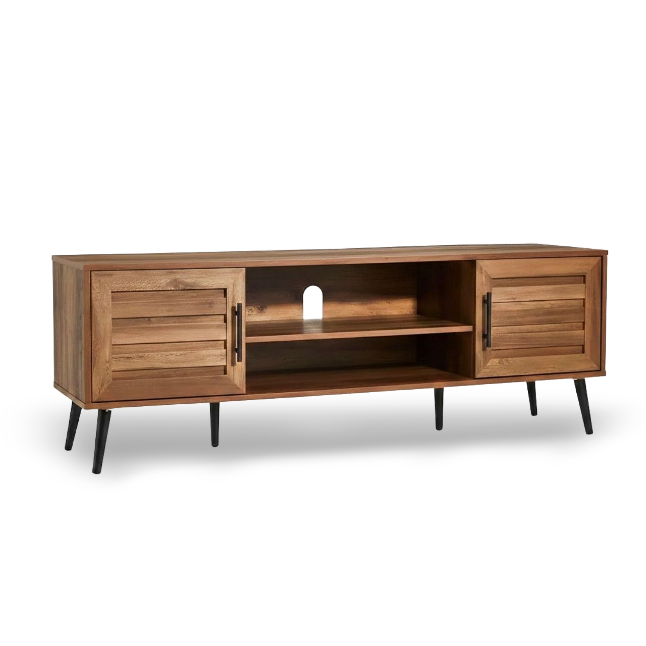 Mid-Century rustic wood TV stand with storage, two cabinets, open shelf, tapered legs, fits up to 65-inch TVs
