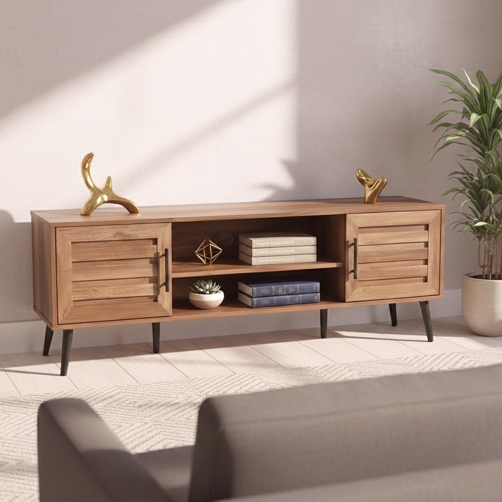 Mid-Century TV stand in rustic wood finish with slatted doors and open shelves for storage.