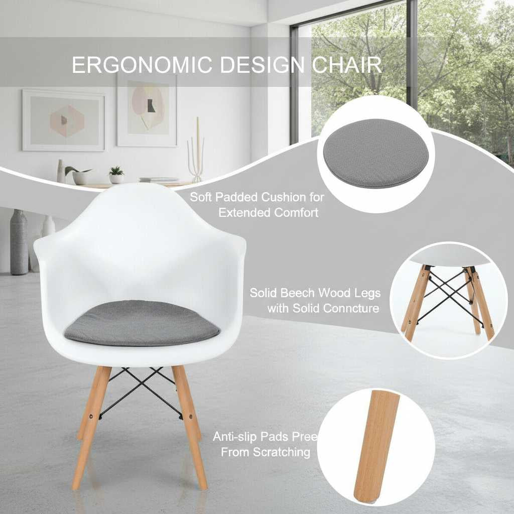 Set of 2 mid-century modern molded dining arm chairs with beech wood legs and gray cushions.