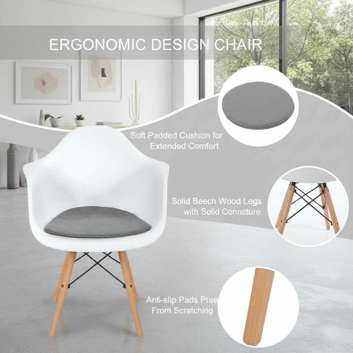 Set of 2 mid-century modern molded dining arm chairs with beech wood legs and gray cushions.