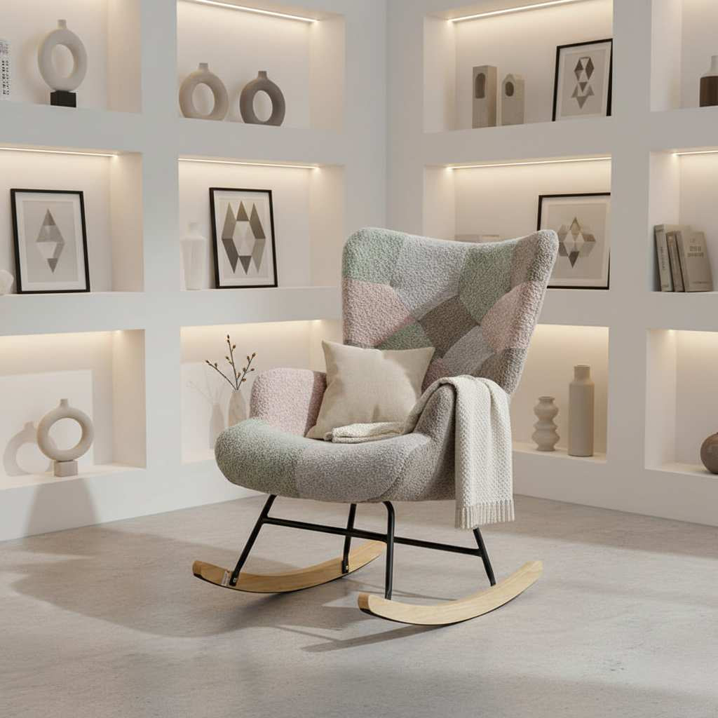 Macaron Patchwork swivel rocker outdoor chair with pastel quilted fabric and wooden rockers in a modern living space.