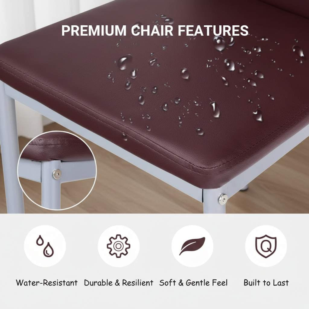 Set of 4 high-back brown PVC dining chairs with metal legs features.