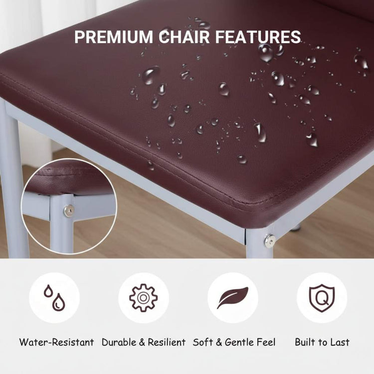 Set of 4 high-back brown PVC dining chairs with metal legs features.