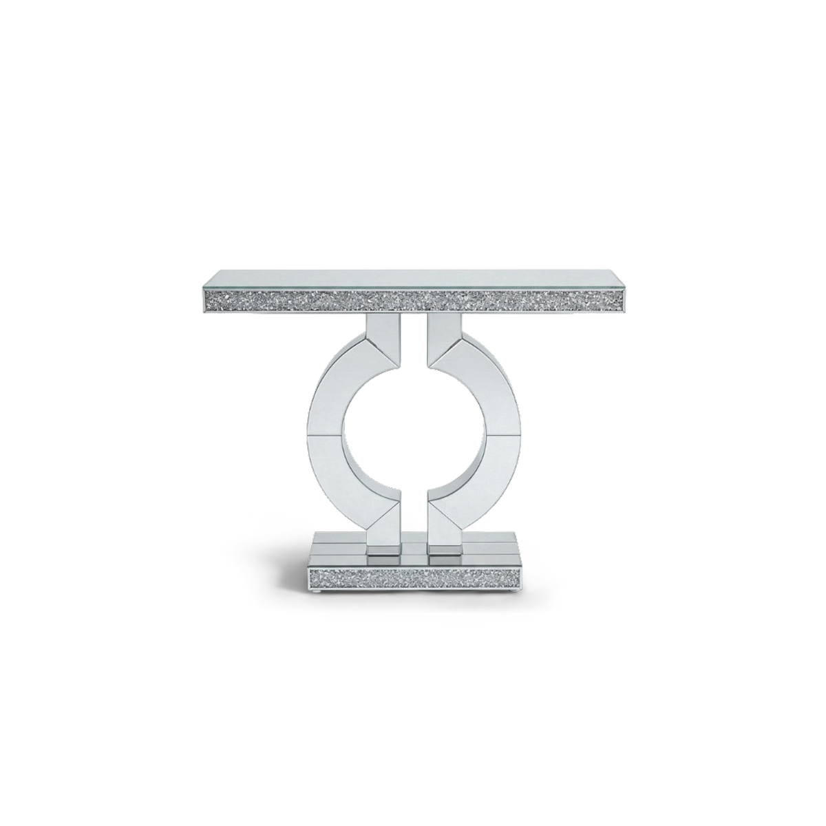 Mirrored console table with crushed diamond inlay on a plain #f3f3f3 studio ground