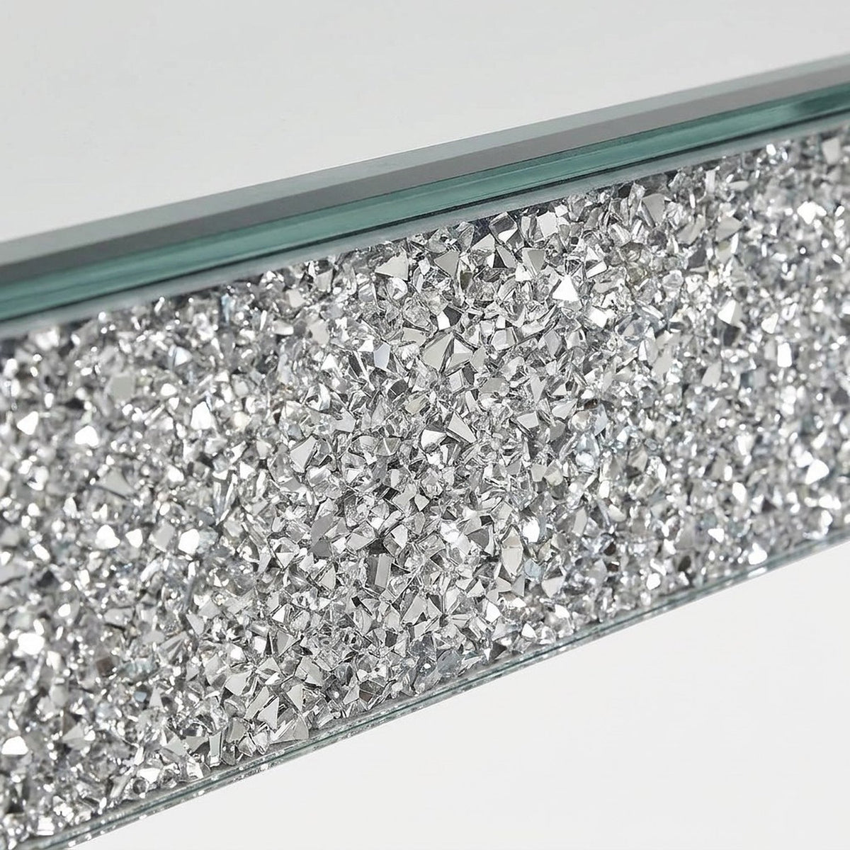 Crushed diamond inlay band on a bevelled mirror top (close-up detail)