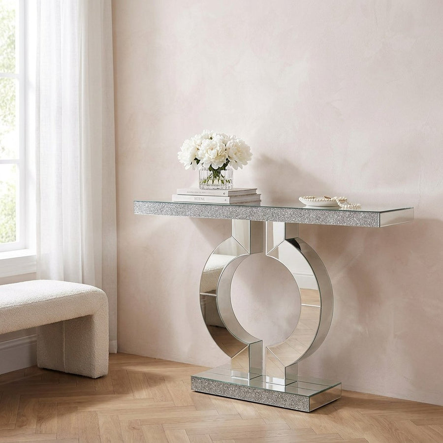 Glass Mirrored Console Table, Crushed Diamond Base