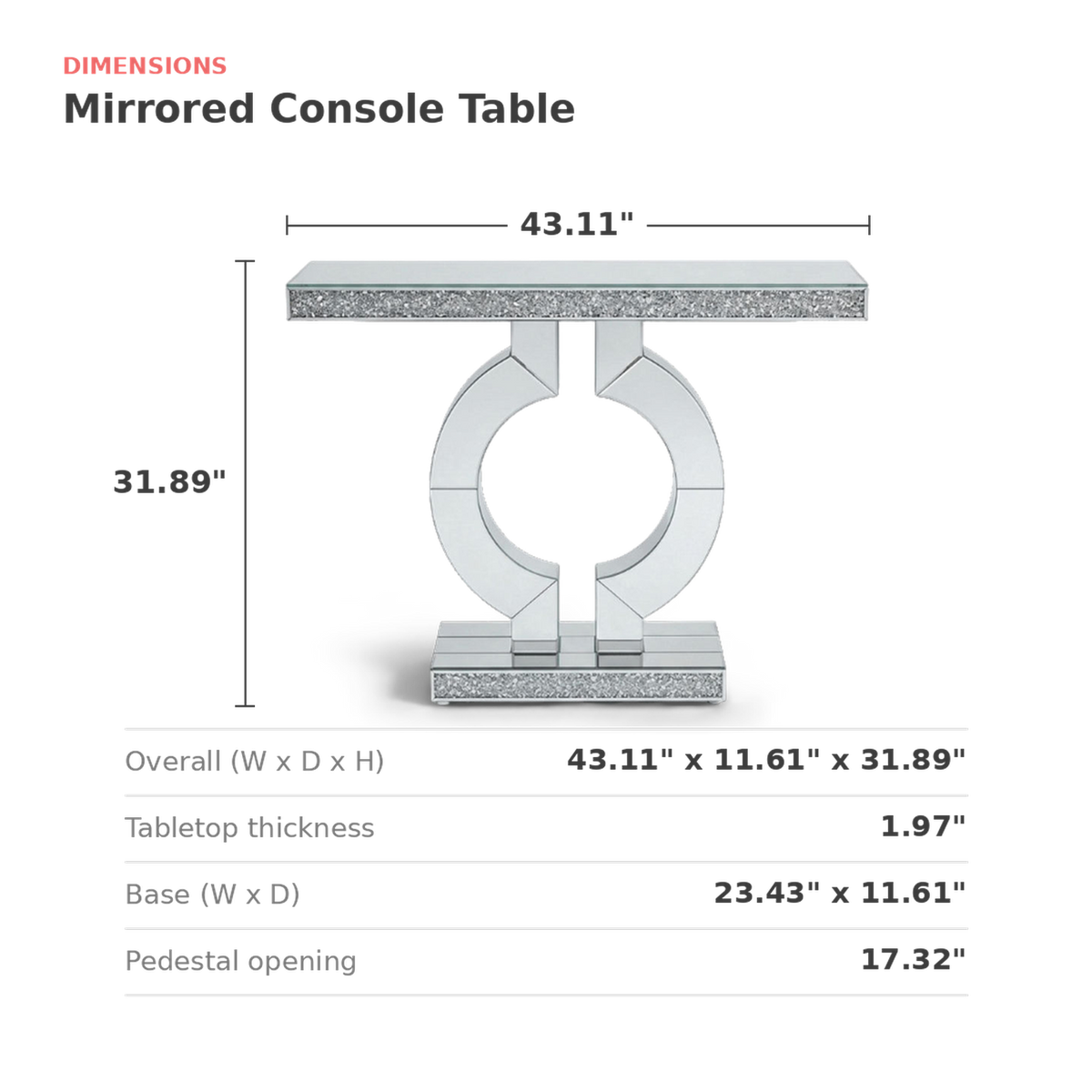 Dimensions card for the mirrored console with width, depth and height